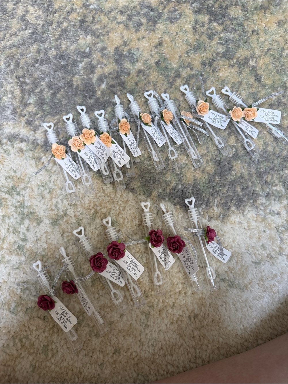 Handmade Bubble Wands Party Favors with Peach and Burgundy Rose Accents